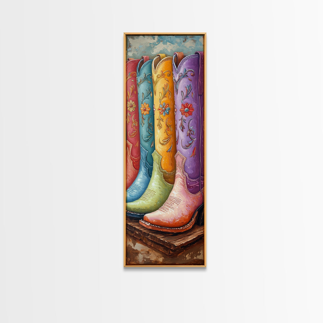 Bright Embroidered Cowboy Boots Painting, Western Canvas Print, Cowgirl Wall Decor, Boho Ranch Home Decor, Gift For Her, Art Print