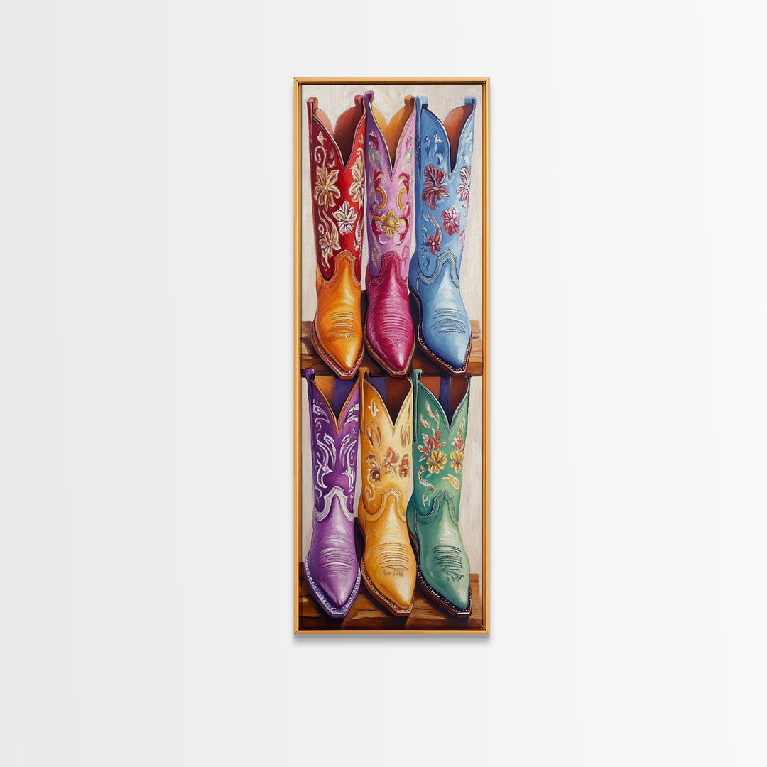 Six Embroidered Cowboy Boots Framed Canvas Print, Western Wall Art, Cowgirl Decor, Rustic Home Decor, Farmhouse Wall Decor