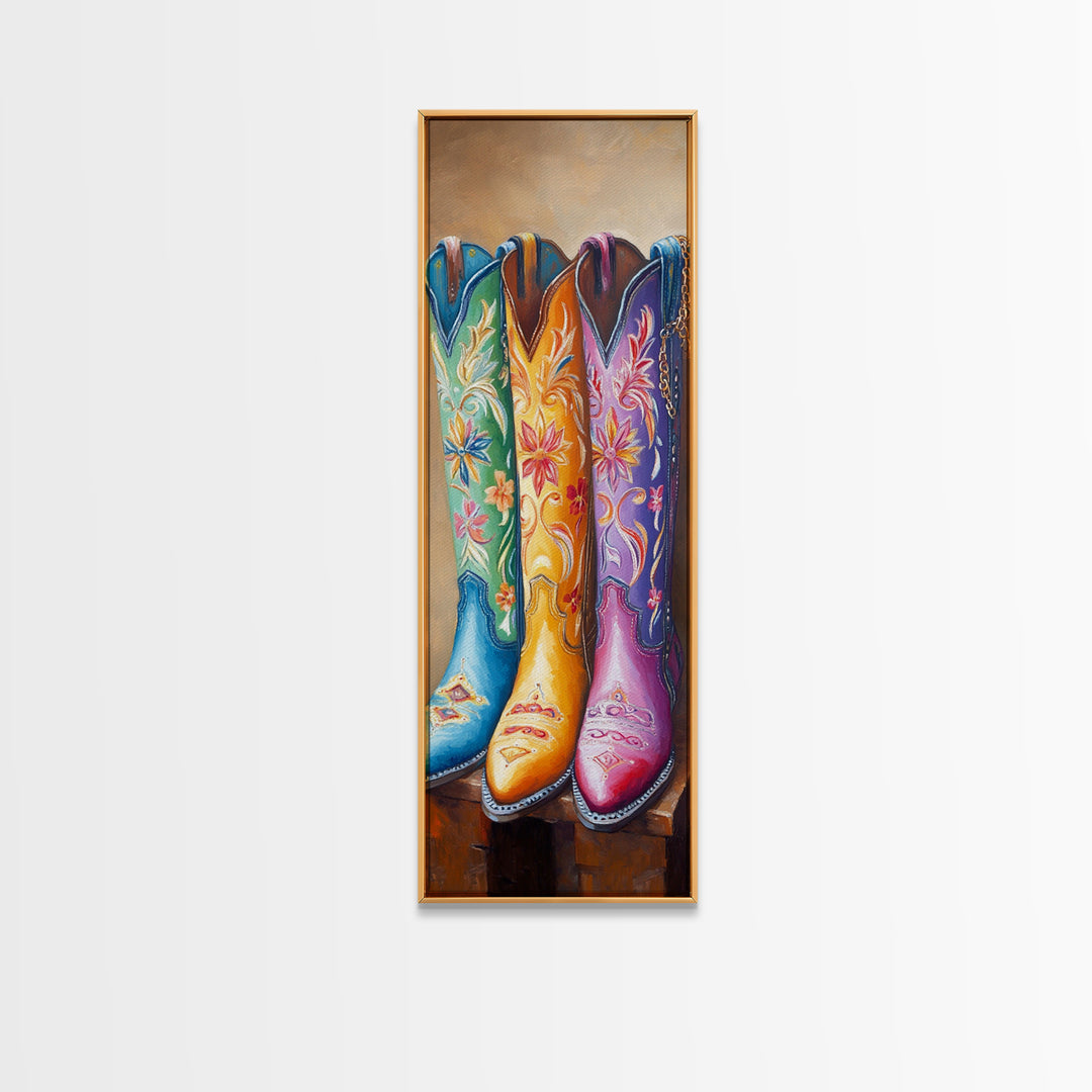 Turquoise Yellow Pink Cowboy Boots Wall Art, Western Cowgirl Decor, Floral Canvas Print, Rustic Farmhouse Gift For Her, Home Decor