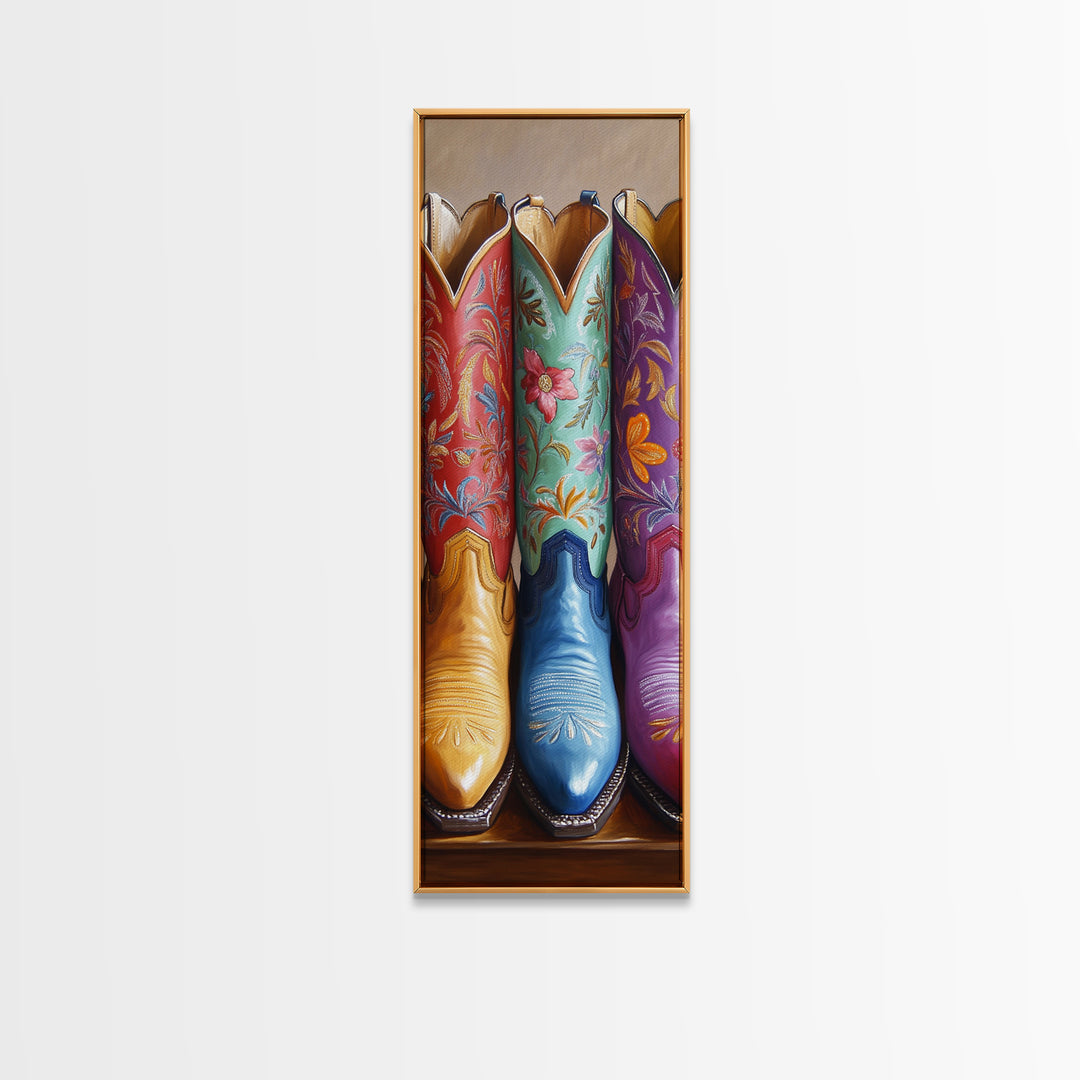 Red Aqua And Purple Floral Cowboy Boots Canvas Print, Western Cowgirl Wall Decor, Rustic Ranch Art, Living Room Home Decor