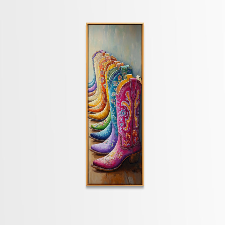 Rainbow Row Of Floral Cowboy Boots Framed Canvas Print, Western Cowgirl Wall Art, Maximalist Ranch Home Decor, Gift For Her