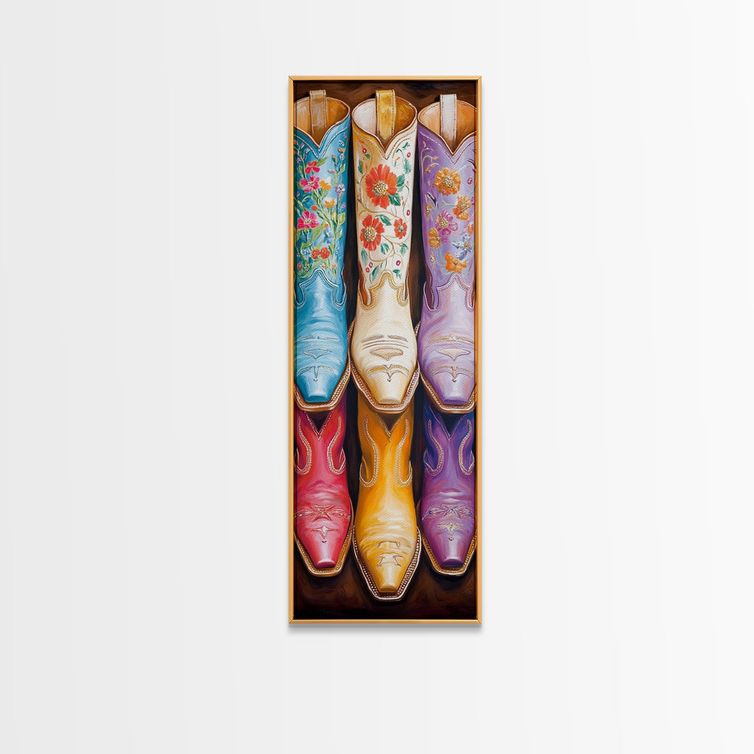 Blue White And Purple Floral Cowboy Boots Canvas Print, Western Cowgirl Wall Art, Rustic Ranch Decor, Living Room Housewarming Gift