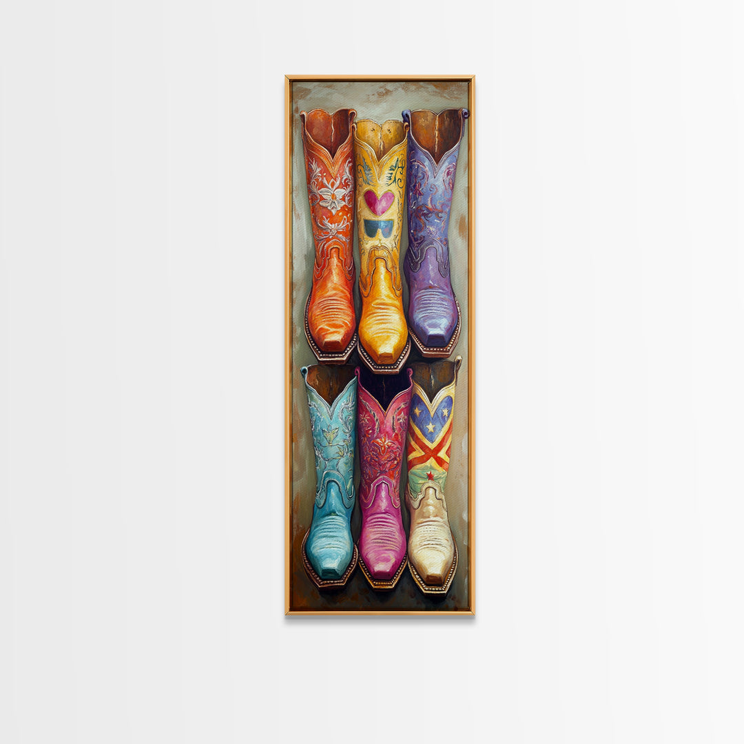 Whimsical Cowboy Boots With Heart And Star Wall Art, Western Cowgirl Canvas Print, Colorful Ranch Living Room Home Decor Gift