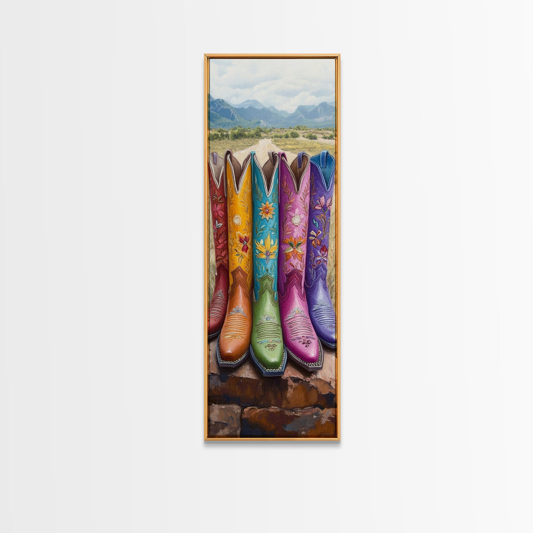 Bright Cowboy Boots In Desert Landscape Wall Art, Western Cowgirl Canvas Print, Southwestern Ranch Home Decor Gift For Living Room