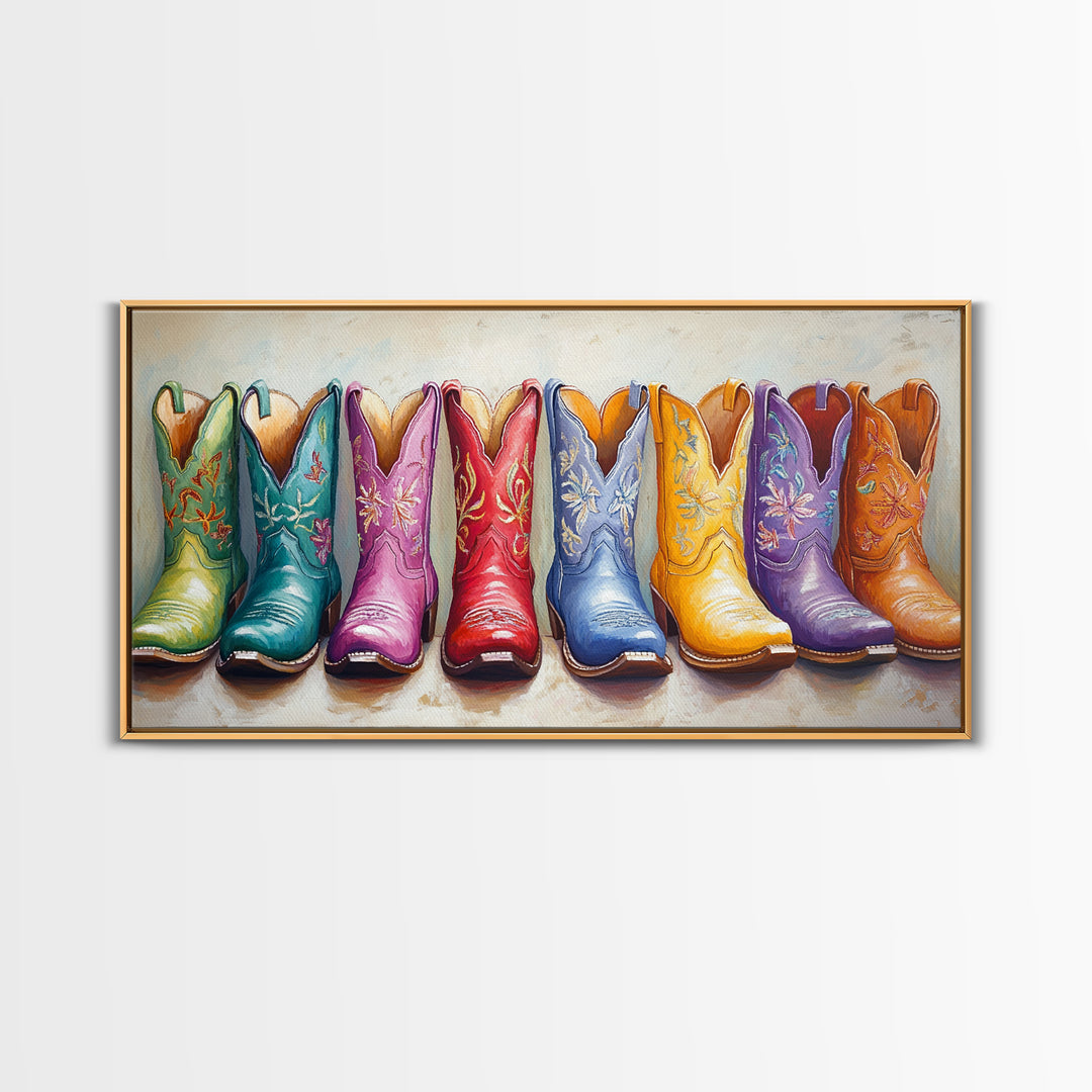 Bright Embroidered Cowboy Boots Wall Art, Western Cowgirl Canvas Print For Boho Bedroom Decor And Rustic Ranch Home Decor