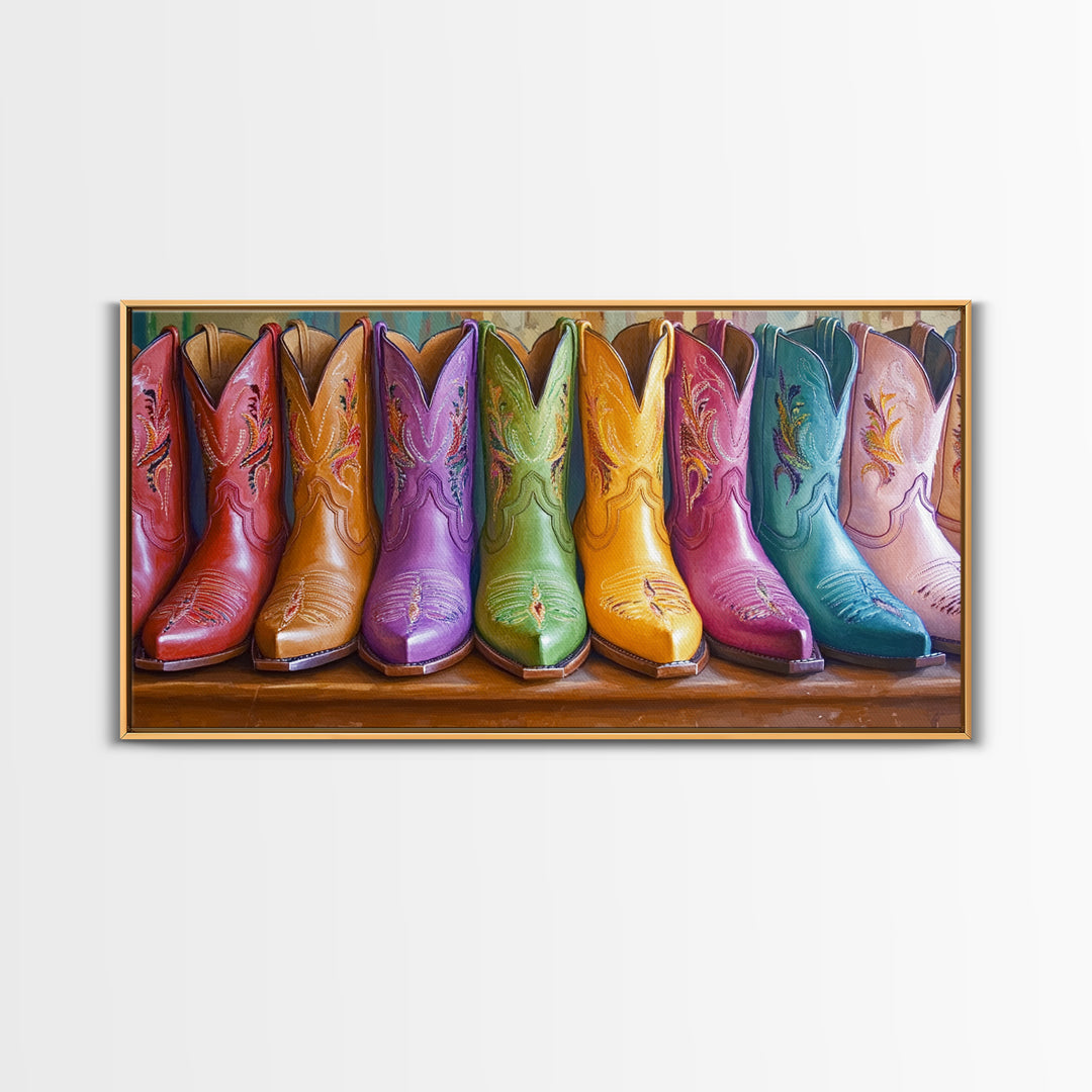 Bright Leather Cowgirl Boots With Floral Stitching Wall Art, Western Decor, Boho Wall Art Print, Rustic Farmhouse Gift For Her