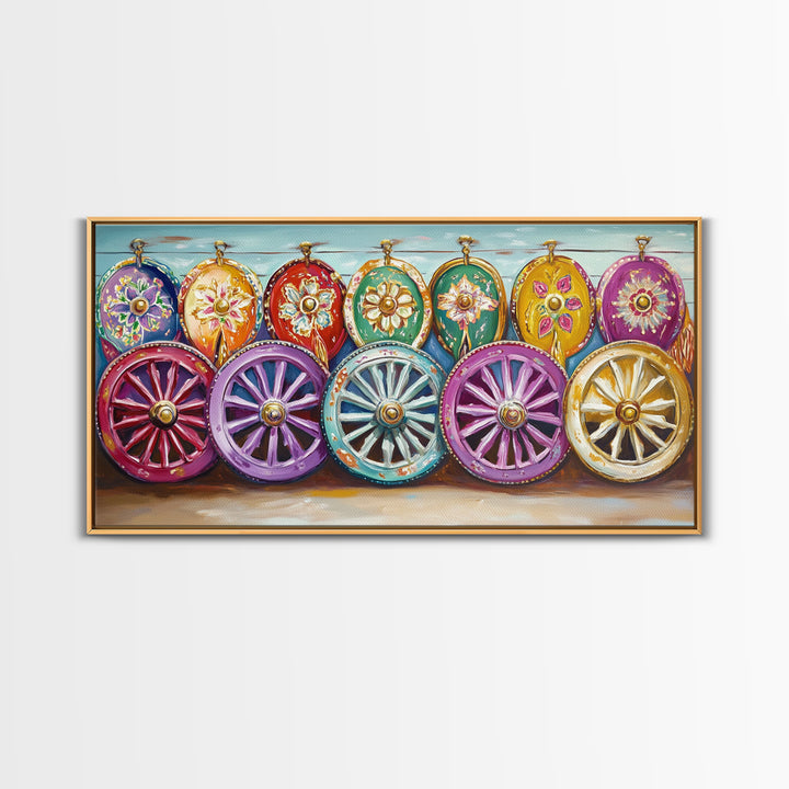 Ornate Painted Wagon Wheels Framed Canvas Print, Southwestern Wall Art, Ranch Decor, Cowgirl Room Decor, Rustic Gift, Home Decor