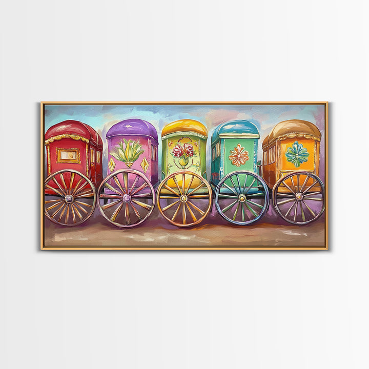 Vibrant Painted Traveling Wagons Wall Art, Western Canvas Print, Boho Ranch Decor, Colorful Nursery Art, Housewarming Gift