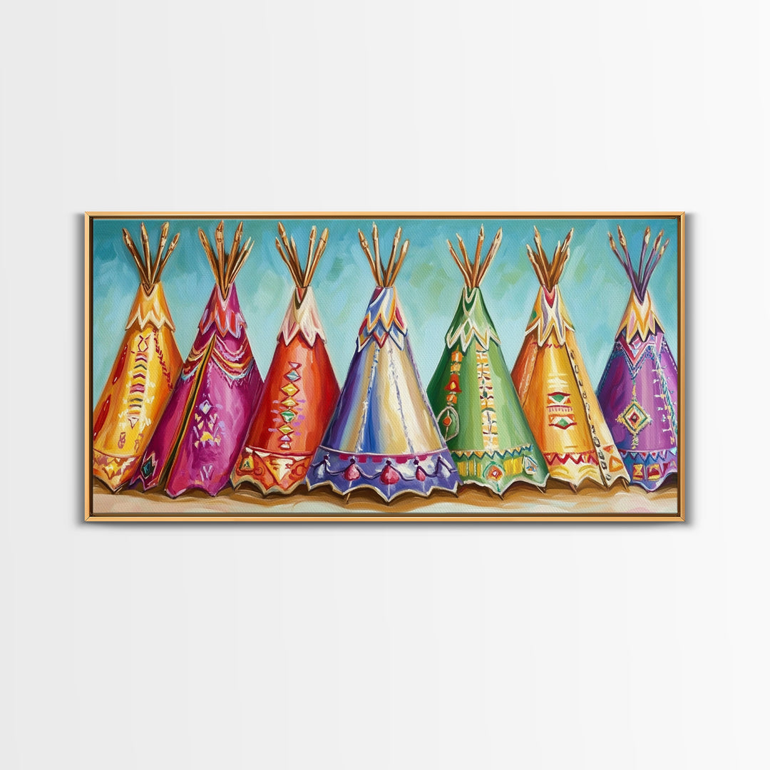 Colorful Painted Teepees Wall Art, Southwestern Nursery Decor, Native Inspired Western Canvas, Boho Kids Room Housewarming Gift