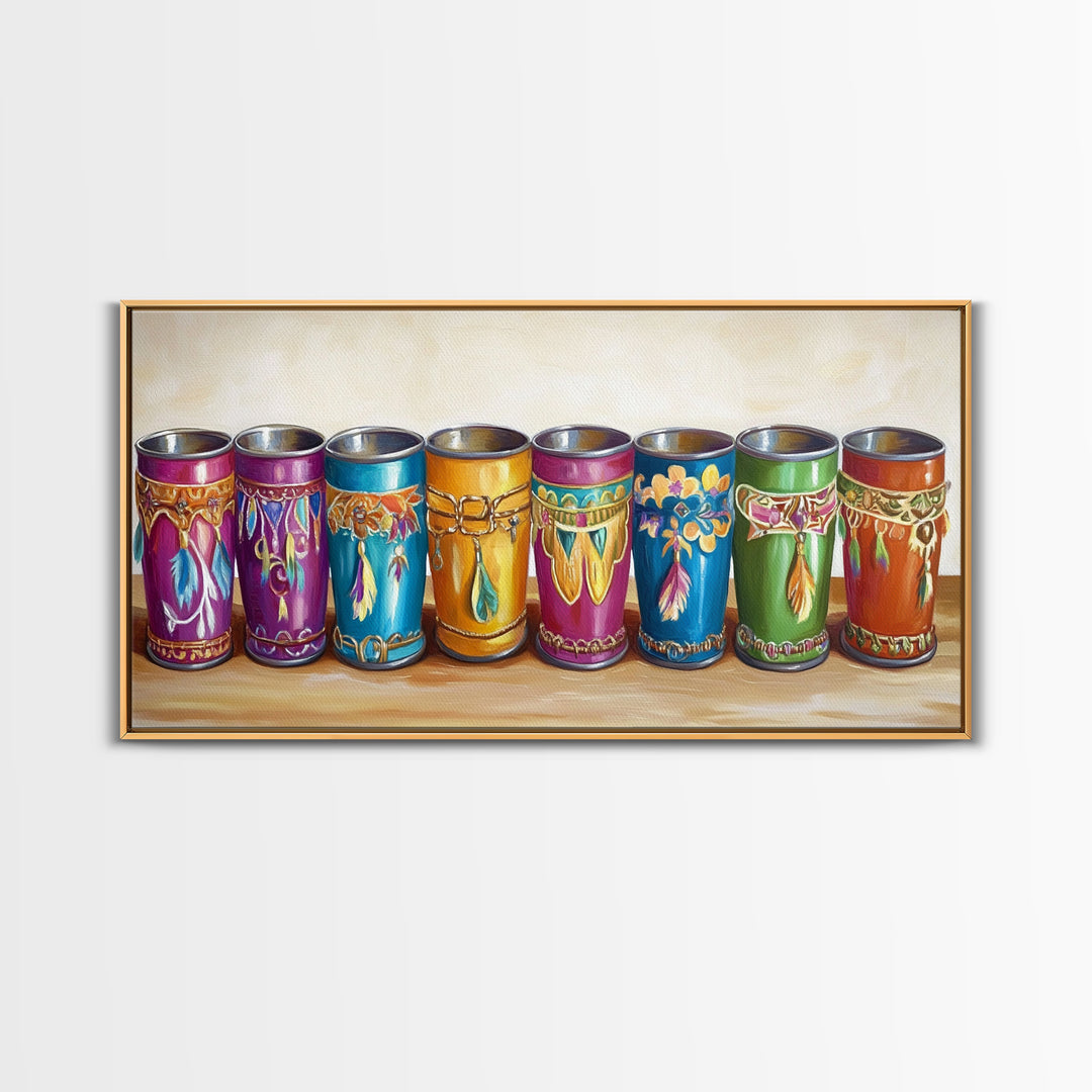 Boho Southwestern Painted Tin Cups Wall Art, Colorful Western Kitchen Decor, Rustic Ranch Canvas Art, Unique Housewarming Gift