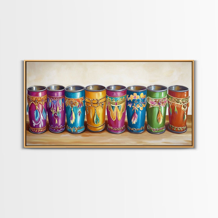 Boho Southwestern Painted Tin Cups Wall Art, Colorful Western Kitchen Decor, Rustic Ranch Canvas Art, Unique Housewarming Gift