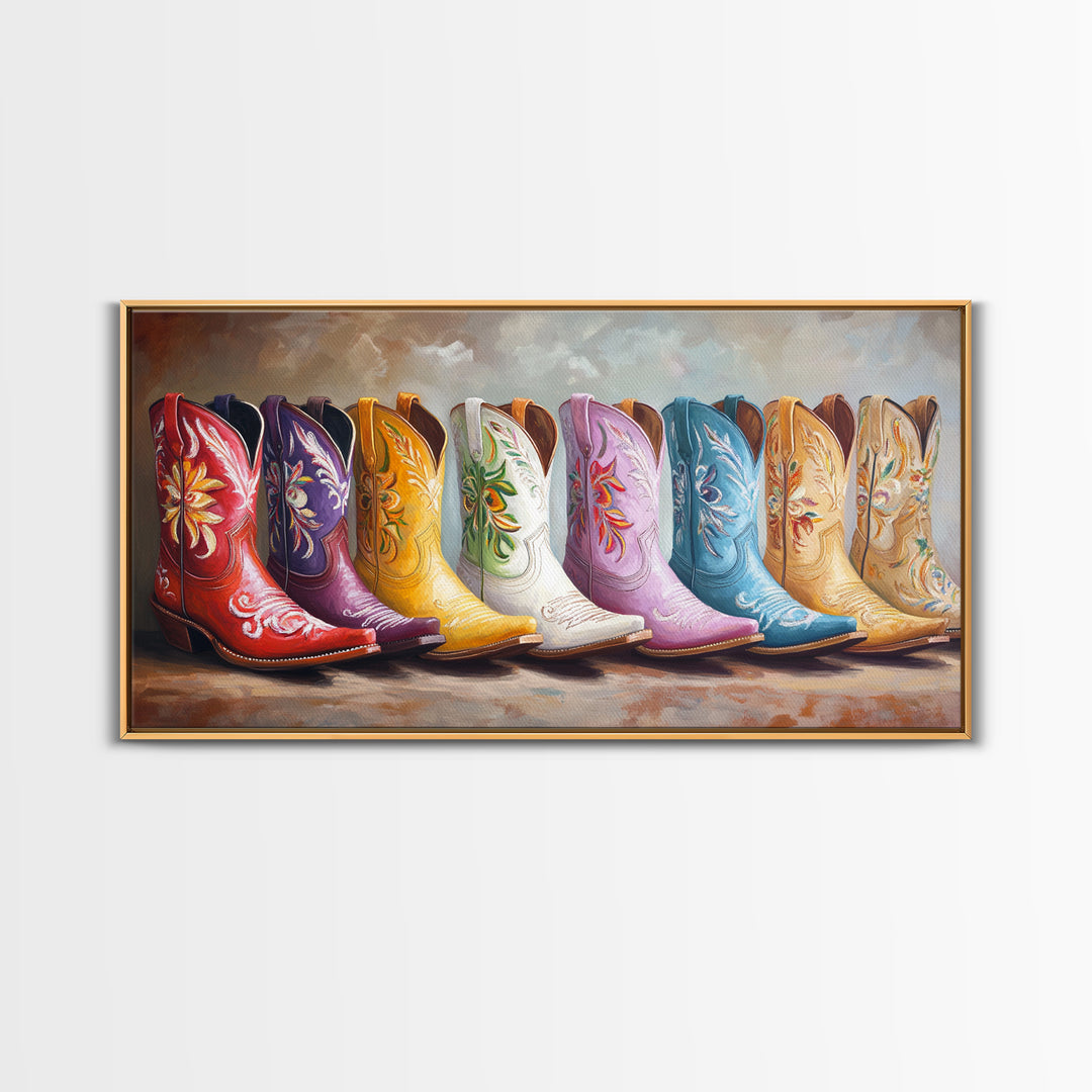 Glossy Colorful Cowgirl Boots Wall Art, Western Home Decor, Rustic Farmhouse Canvas Print, Statement Living Room Art Gift