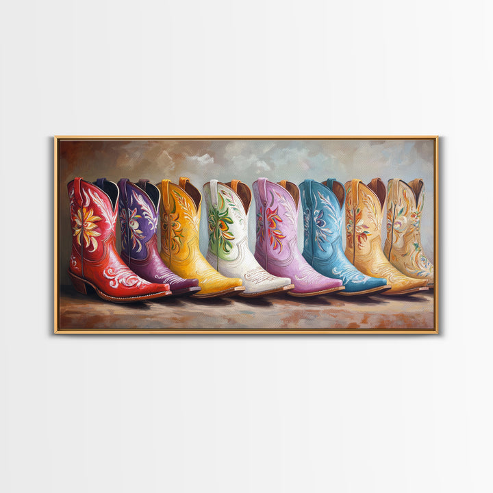 Glossy Colorful Cowgirl Boots Wall Art, Western Home Decor, Rustic Farmhouse Canvas Print, Statement Living Room Art Gift