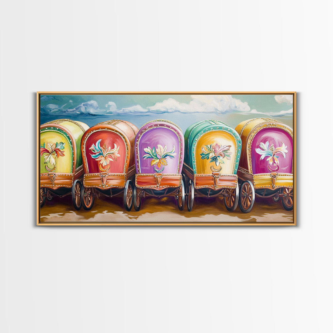 Colorful Painted Gypsy Wagon Framed Canvas Print, Western Wall Art, Boho Cowgirl Decor, Rustic Farmhouse Living Room Gift