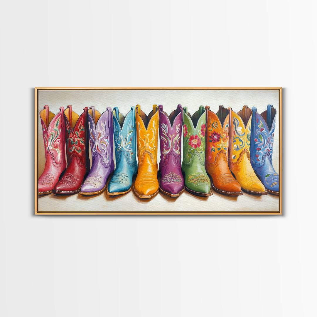 Vibrant Embroidered Cowboy Boots Wall Art, Western Cowgirl Decor, Rustic Farmhouse Canvas Print, Colorful Living Room Art
