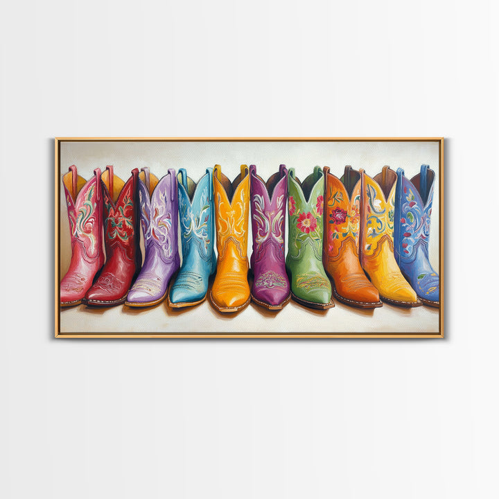 Vibrant Embroidered Cowboy Boots Wall Art, Western Cowgirl Decor, Rustic Farmhouse Canvas Print, Colorful Living Room Art