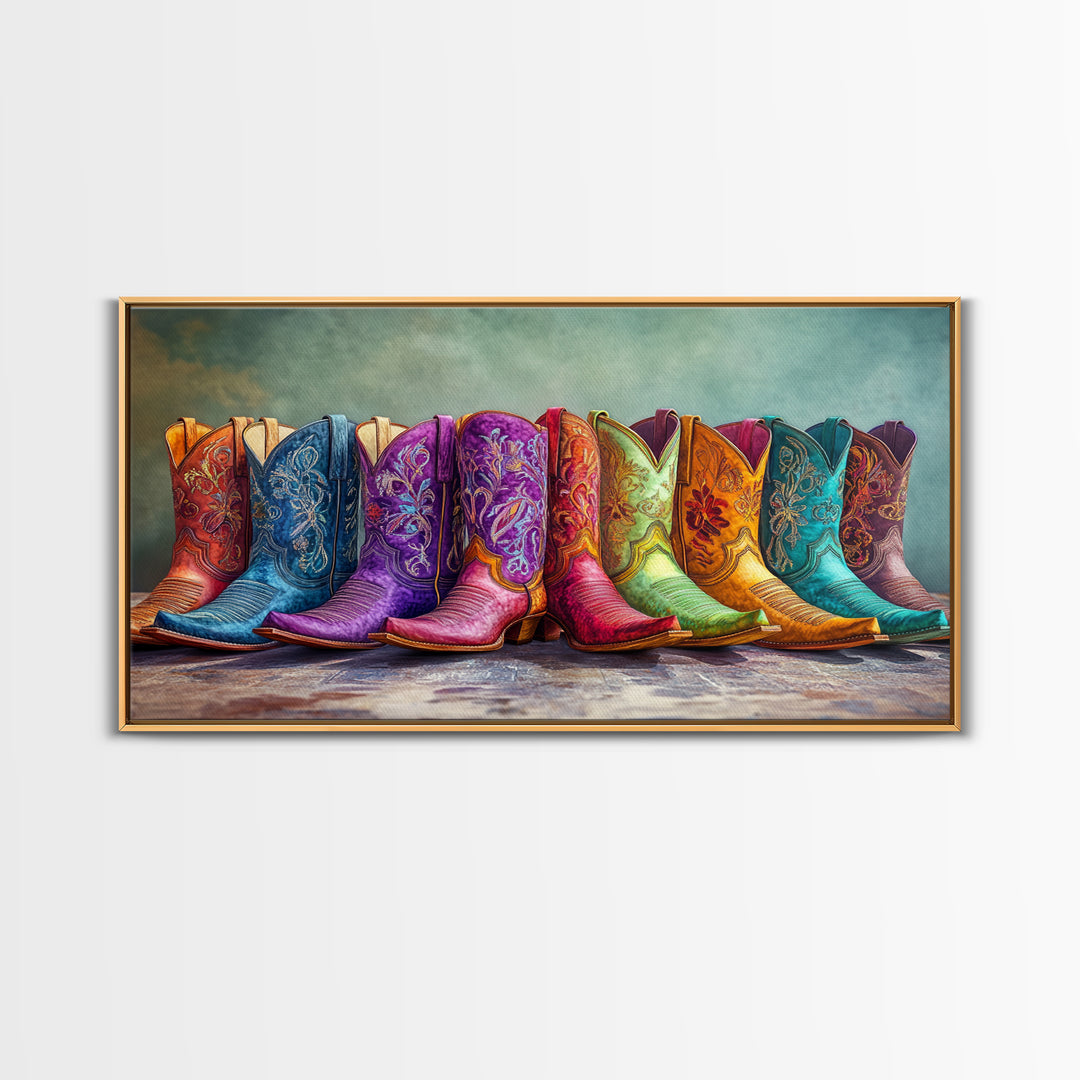 Bold Embroidered Cowboy Boots Canvas Print, Western Cowgirl Wall Art, Colorful Rustic Farmhouse Decor, Statement Living Room Art