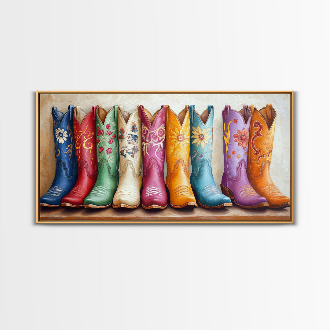 Vibrant Floral Cowgirl Boots In Blue Red Green And Orange Canvas Print, Western Wall Art, Boho Farmhouse Decor Gift For Her