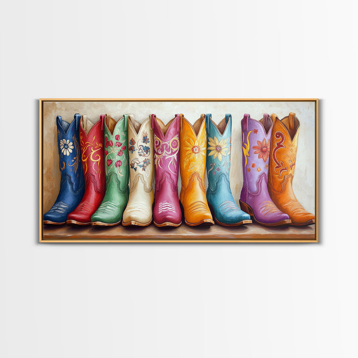 Vibrant Floral Cowgirl Boots In Blue Red Green And Orange Canvas Print, Western Wall Art, Boho Farmhouse Decor Gift For Her