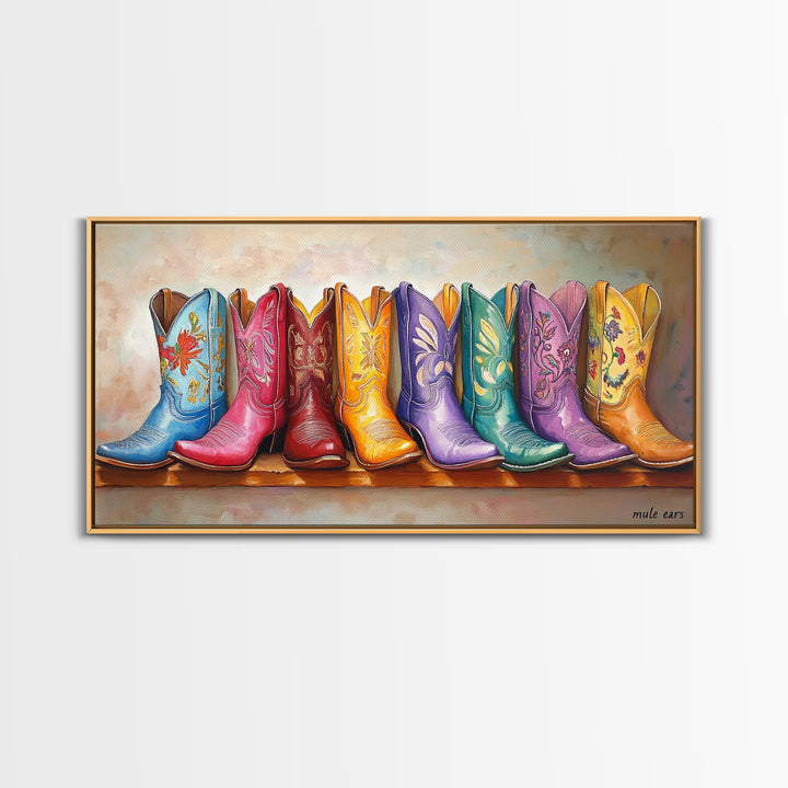 Playful Floral Cowgirl Boots In Pink Blue Orange Canvas Print, Western Wall Art, Boho Cowgirl Decor, Gift For Her, Living Room Decor