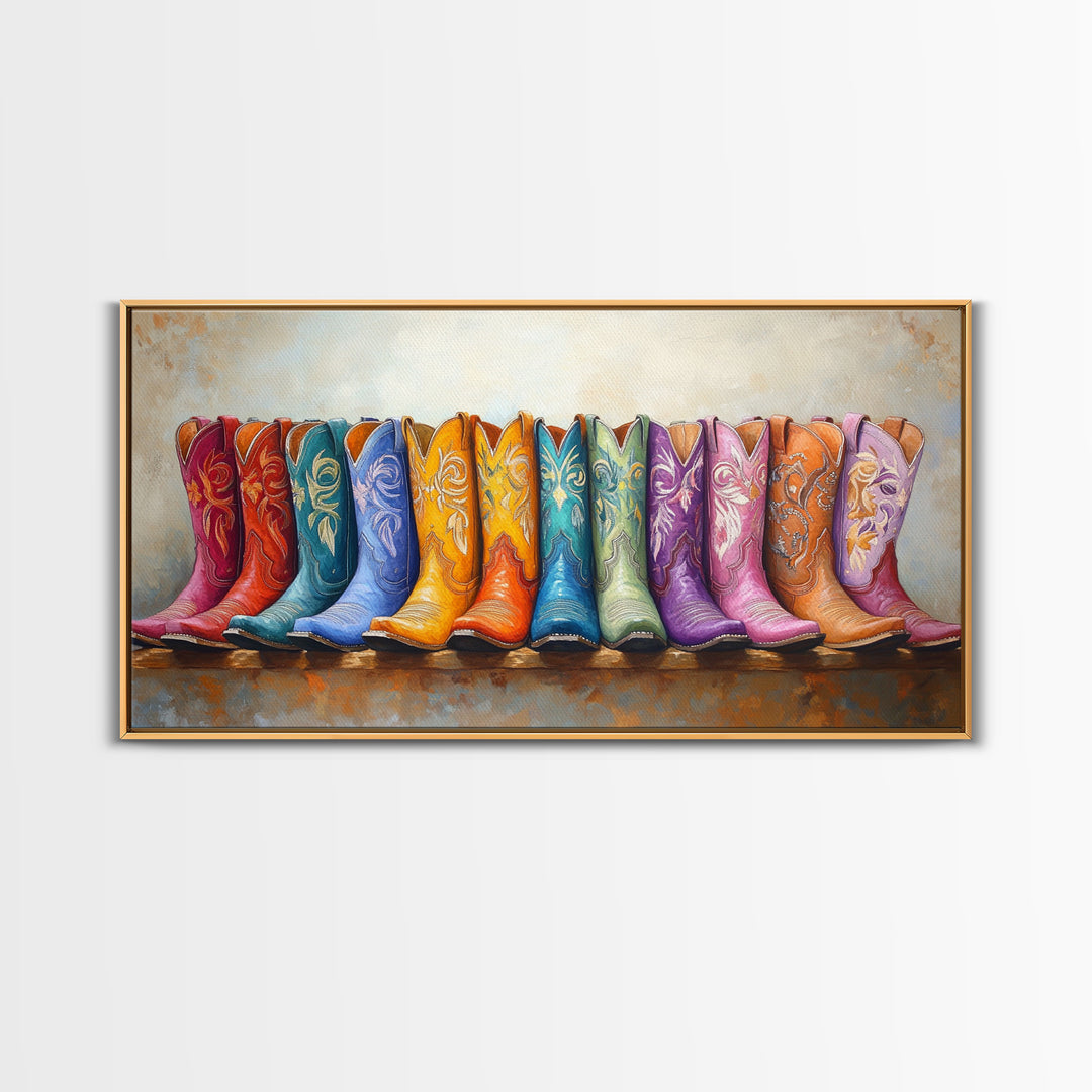 Boho Rainbow Western Boots On Rustic Ledge Framed Canvas Print, Cowgirl Wall Art, Colorful Wall Decor, Housewarming Gift