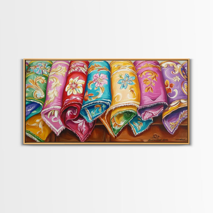 Rolled Embroidered Western Blankets Canvas Print, Colorful Cowgirl Wall Decor, Boho Ranch Living Room Art, Housewarming Gift