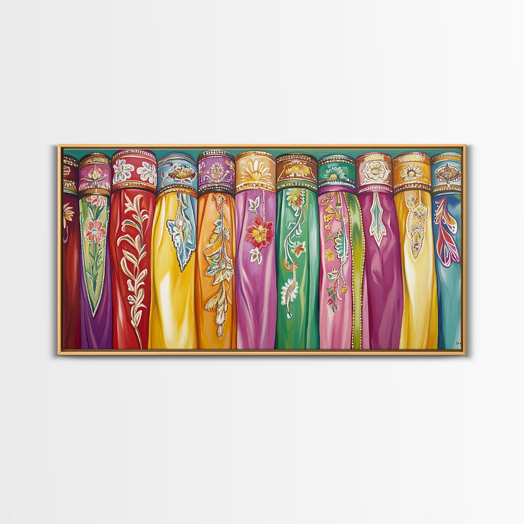 Vibrant Embroidered Textile Wall Art, Boho Western Scarf Canvas Print, Maximalist Decor, Cowgirl Home Decor For Living Room