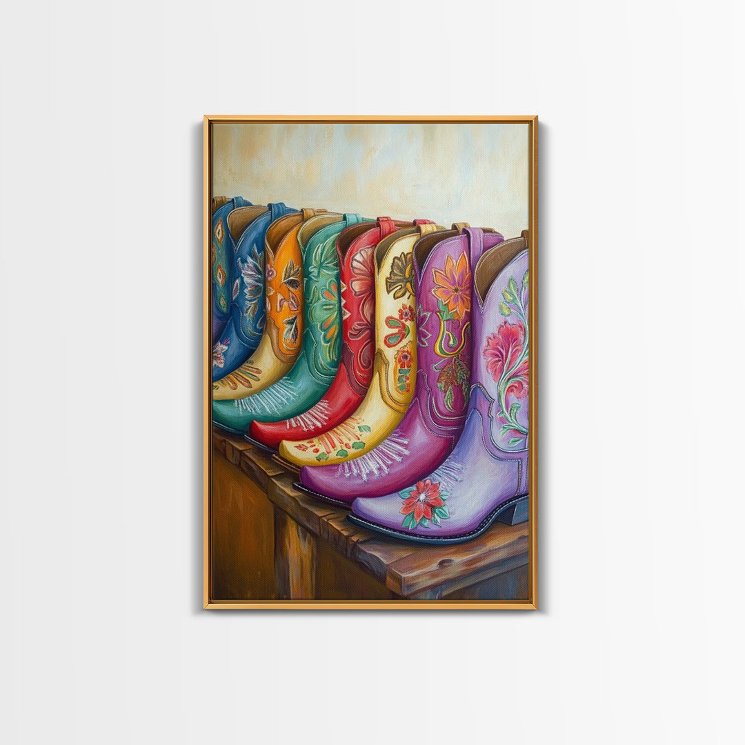 Vibrant Floral Cowboy Boots Wall Art, Western Canvas Print, Cowgirl Bedroom Decor, Rustic Boho Home Decor, Living Room Art, Gift For Her