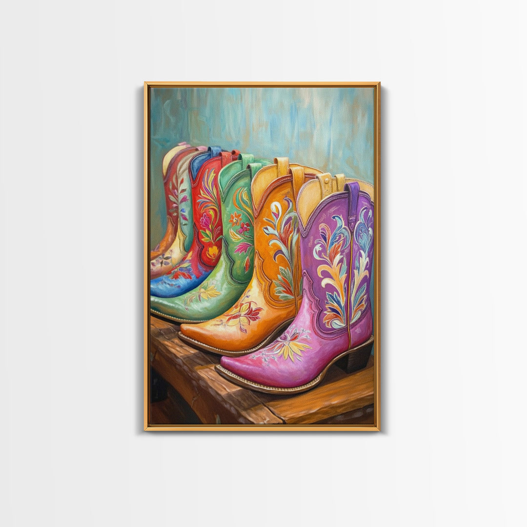 Pink Purple And Orange Cowboy Boots Framed Canvas Print, Western Cowgirl Wall Art, Floral Ranch Decor, Gift For Her Home Decor
