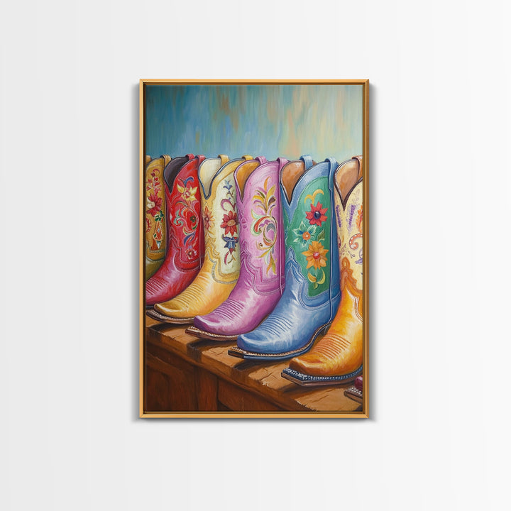 Pastel Blue Pink And Red Cowboy Boots Wall Art, Floral Western Decor, Cowgirl Ranch Canvas Art Print, Living Room Decor Gift