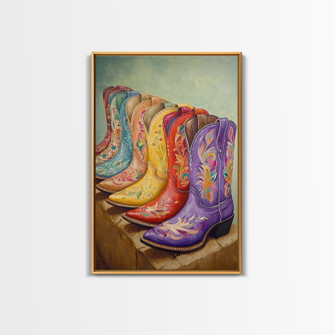 Purple Red And Yellow Embroidered Cowboy Boots Framed Canvas Print, Western Wall Art, Cowgirl Decor, Southwestern Gift For Her