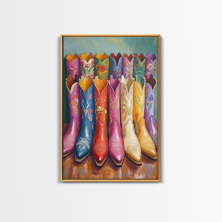 Front Facing Pink Blue Red And Cream Cowgirl Boots Framed Canvas Print, Western Wall Art, Maximalist Decor, Gift For Her
