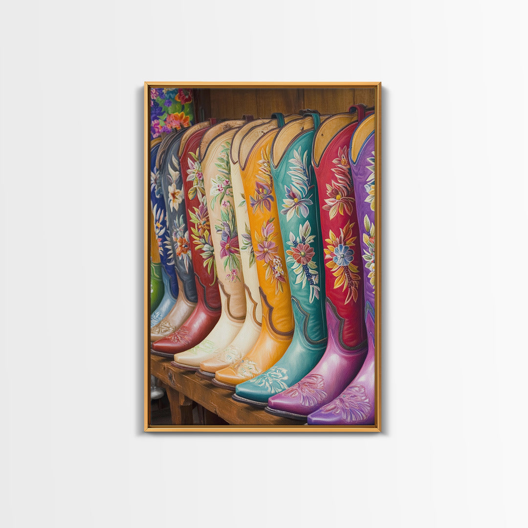 Embroidered Floral Cowboy Boots Canvas Print, Western Wall Art, Cowgirl Decor, Rustic Home Decor, Housewarming Gift, Living Room Decor