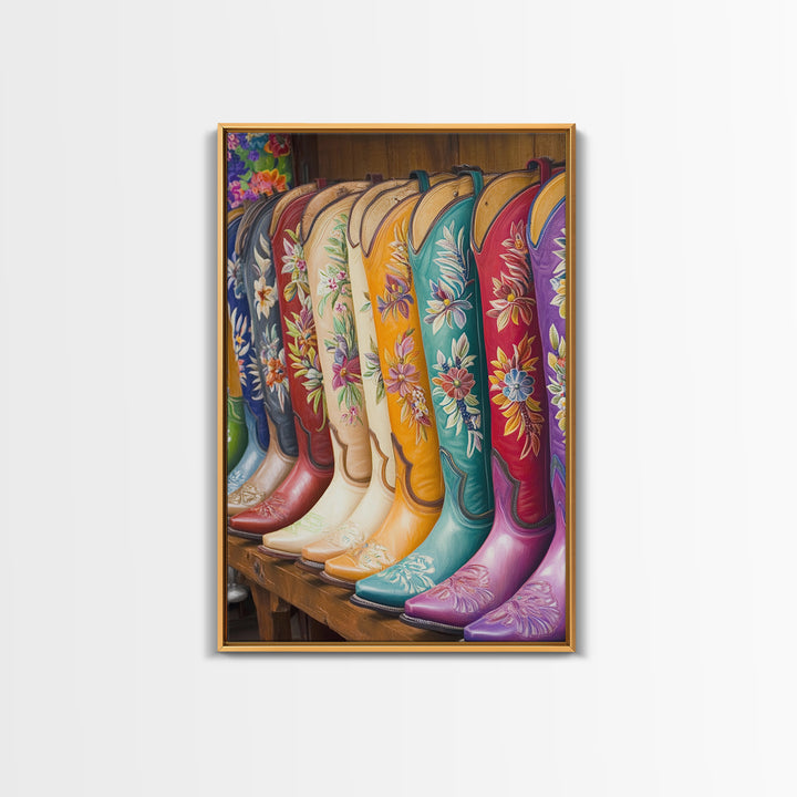 Embroidered Floral Cowboy Boots Canvas Print, Western Wall Art, Cowgirl Decor, Rustic Home Decor, Housewarming Gift, Living Room Decor
