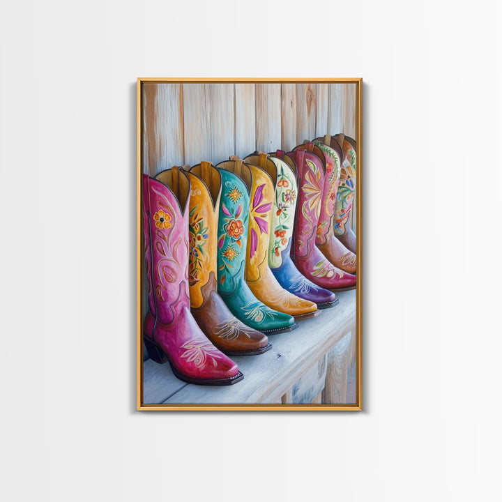 Rustic Row Of Painted Cowgirl Boots Wall Art, Western Floral Canvas Print, Southwestern Ranch Decor, Housewarming Gift For Her