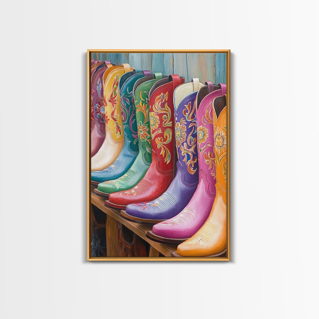 Bright Floral Cowboy Boots Wall Art, Western Boot Print, Cowgirl Room Decor, Rustic Farmhouse Canvas Wall Art, Housewarming Gift