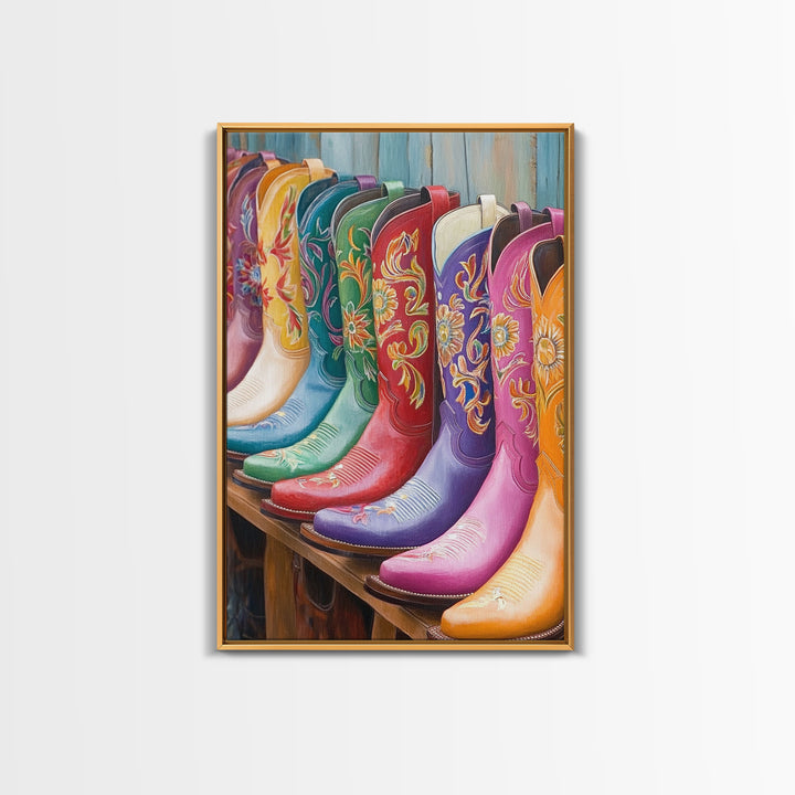 Bright Floral Cowboy Boots Wall Art, Western Boot Print, Cowgirl Room Decor, Rustic Farmhouse Canvas Wall Art, Housewarming Gift