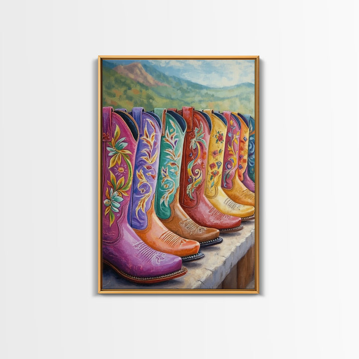 Floral Cowboy Boots With Mountain View Wall Art, Western Landscape Painting, Cowgirl Decor, Rustic Farmhouse Canvas Print