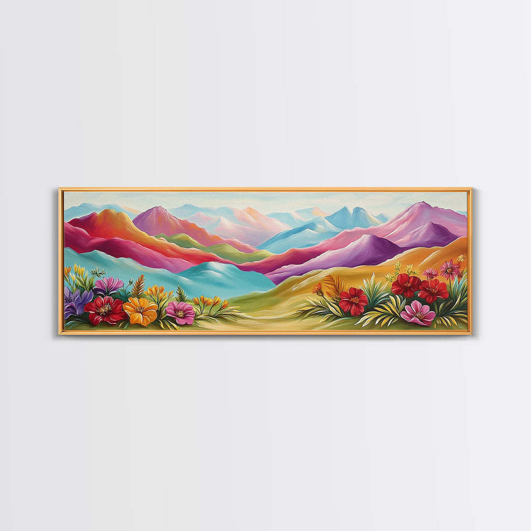 Vibrant Rainbow Mountains With Desert Flowers Wall Art, Abstract Landscape, Colorful Wall Art, Southwestern Decor, Large Canvas Print