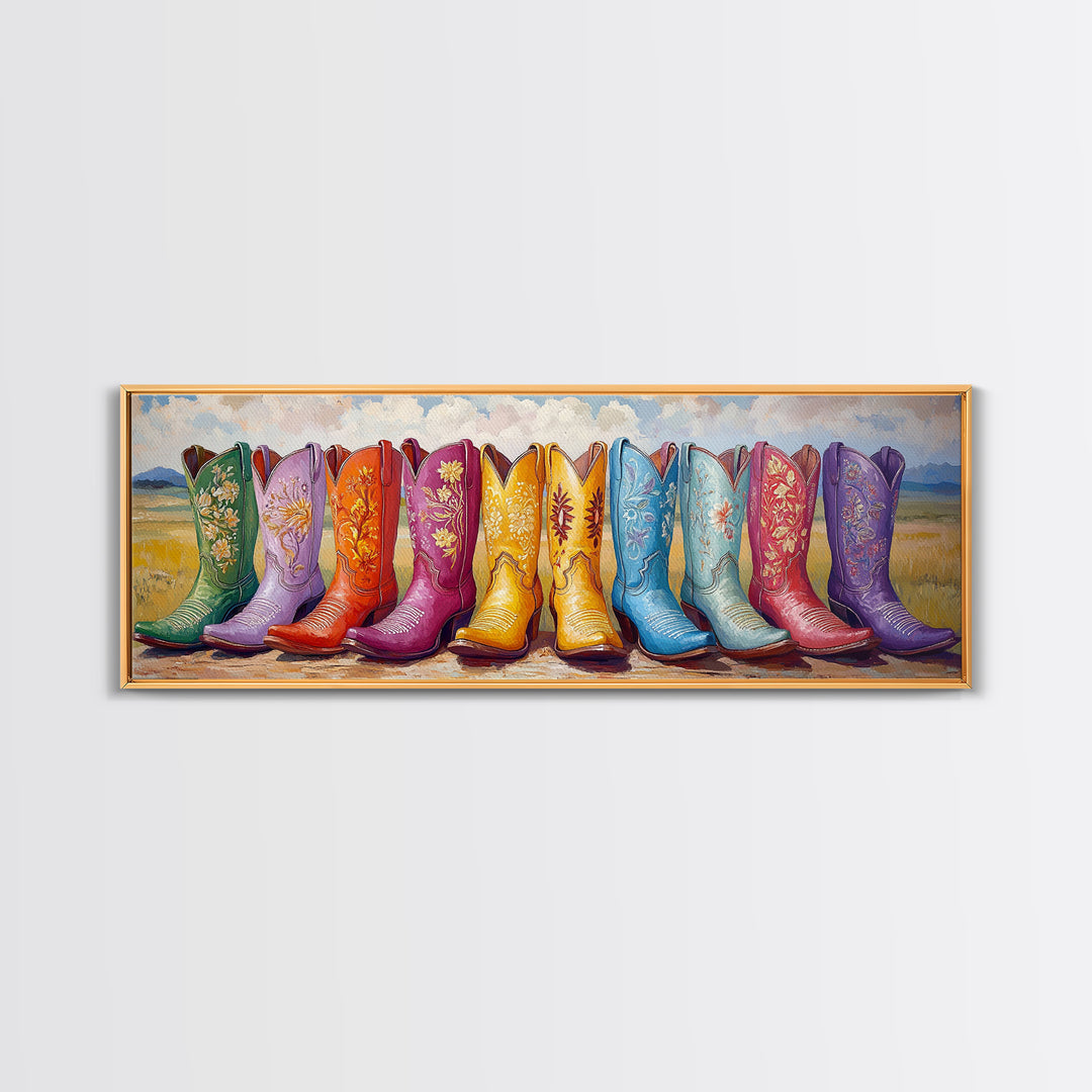 Colorful Cowboy Boots In Prairie Landscape Wall Art, Western Cowgirl Decor, Rustic Farmhouse Canvas Print, Above Sofa Art