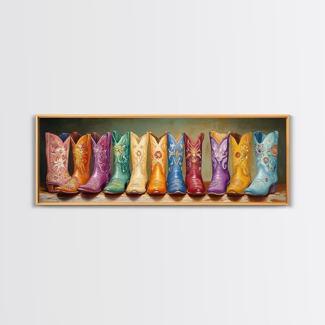 Vibrant Embroidered Cowboy Boots Wall Art, Western Cowgirl Decor, Maximalist Canvas Print, Rustic Rodeo Living Room Decor