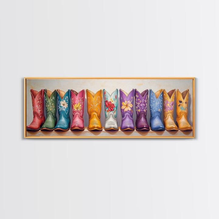 Bright Floral Cowboy Boots Painting Wall Art, Western Home Decor, Cowgirl Wall Decor, Rustic Bedroom Decor, Framed Canvas Print