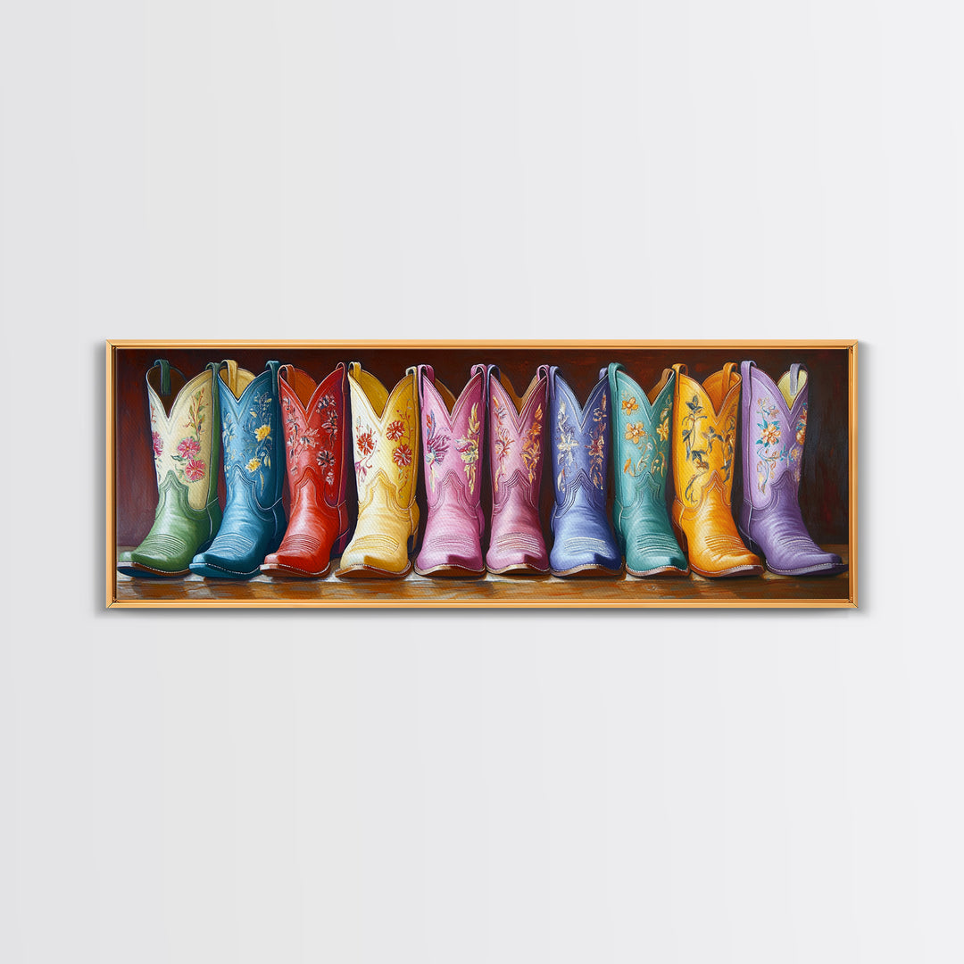 Tall Embroidered Cowboy Boots Framed Canvas Print, Colorful Western Wall Decor, Rustic Ranch Art, Boho Cowgirl Gift, Living Room Art