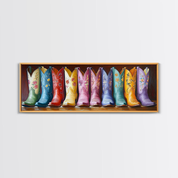 Tall Embroidered Cowboy Boots Framed Canvas Print, Colorful Western Wall Decor, Rustic Ranch Art, Boho Cowgirl Gift, Living Room Art