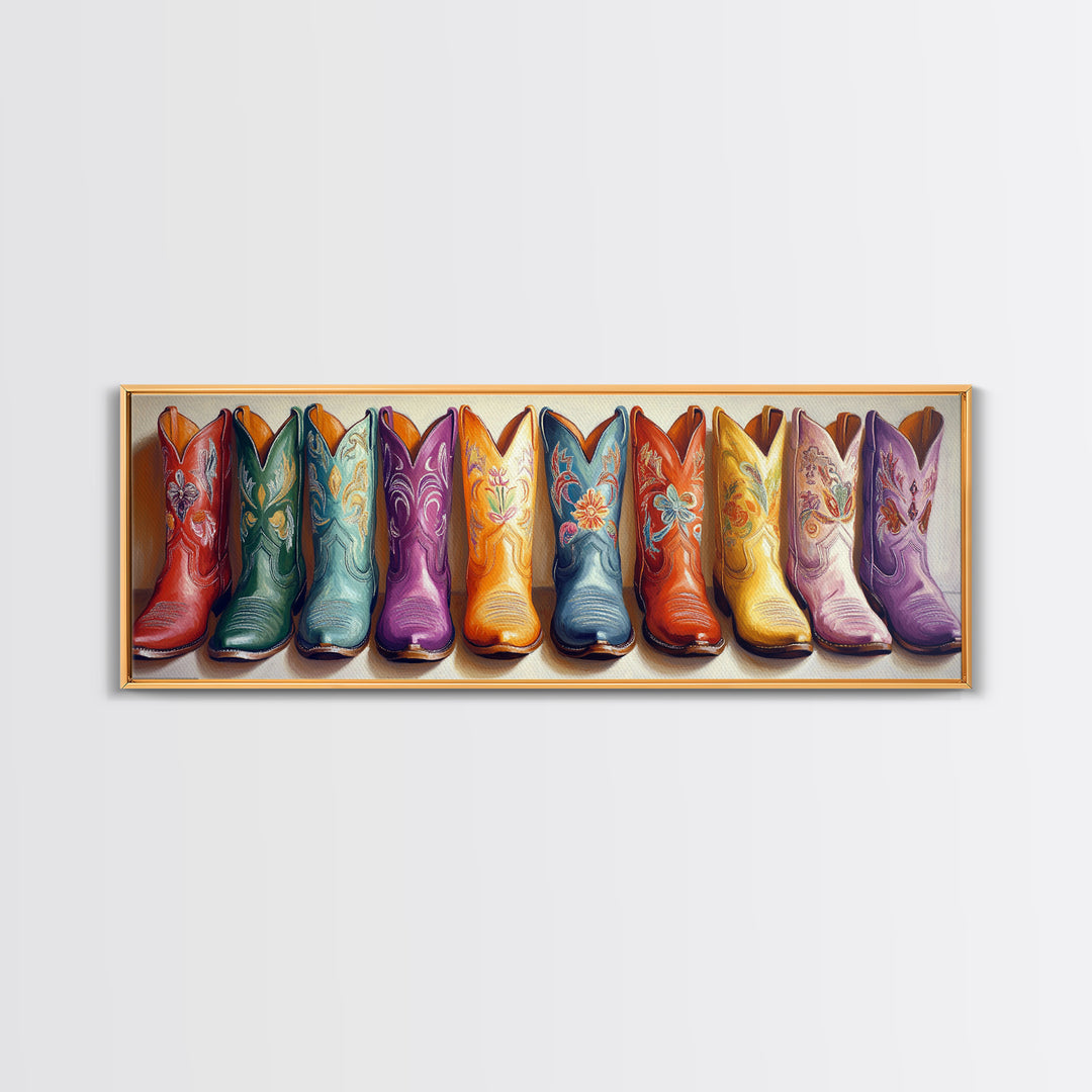 Colorful Embroidered Cowboy Boots Wall Art, Western Cowgirl Decor, Rustic Farmhouse Canvas, Vibrant Entryway Art Print Gift