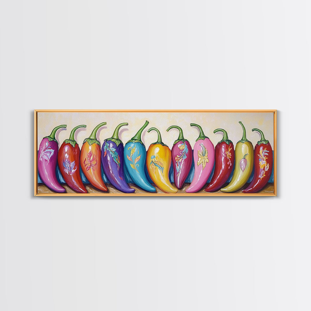 Bright Rainbow Chili Peppers Wall Art, Colorful Kitchen Decor, Southwestern Food Print, Dopamine Dining Room Canvas Gift