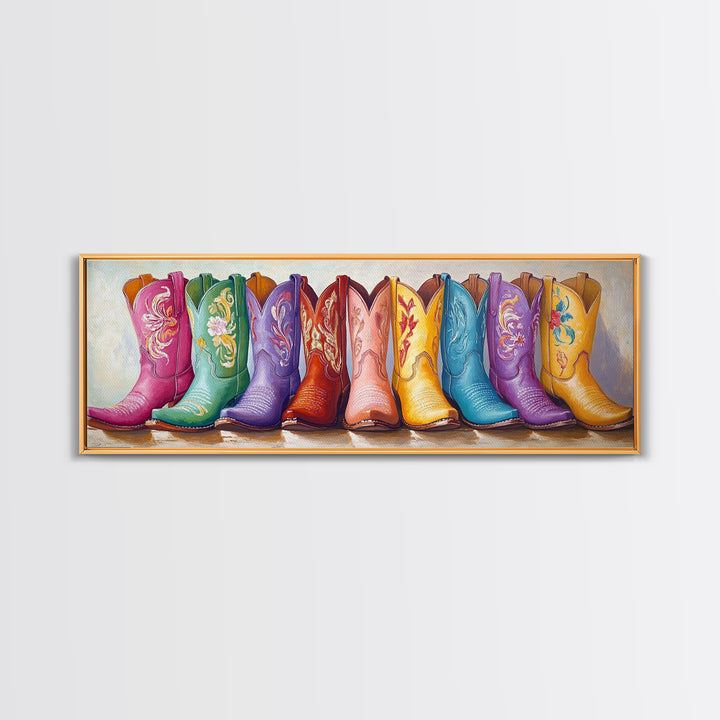 Pastel Floral Cowboy Boots Framed Canvas Print, Western Wall Art, Cowgirl Nursery Decor, Boho Bedroom Wall Decor Gift For Her