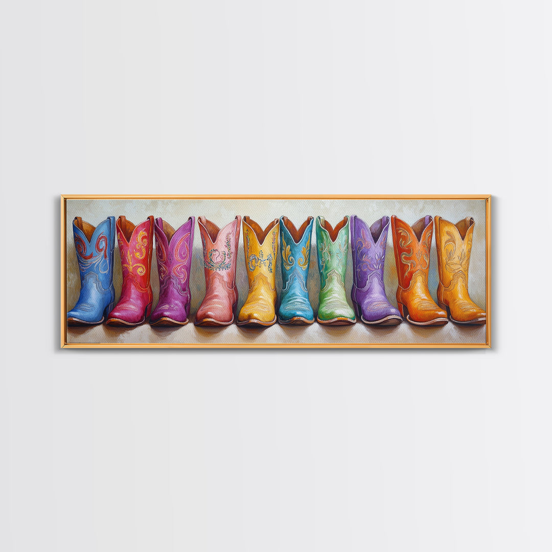 Bright Embroidered Cowboy Boots Canvas Print, Western Wall Art, Cowgirl Home Decor, Colorful Boho Bedroom Housewarming Gift