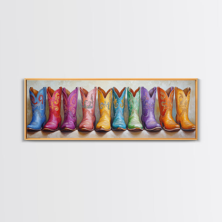 Bright Embroidered Cowboy Boots Canvas Print, Western Wall Art, Cowgirl Home Decor, Colorful Boho Bedroom Housewarming Gift