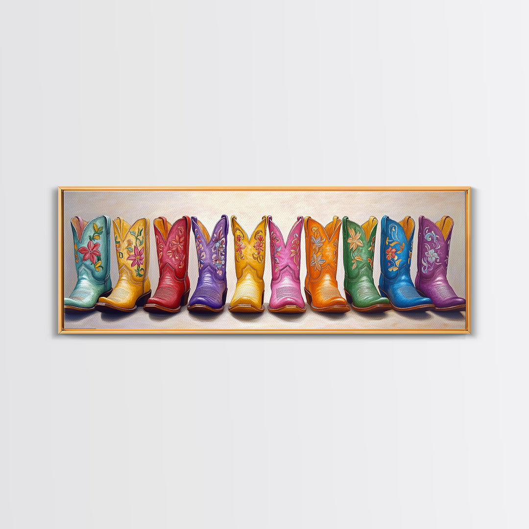 Pastel Embroidered Cowboy Boots Wall Art, Western Framed Canvas Print For Cowgirl Nursery Decor And Rustic Home Wall Decor